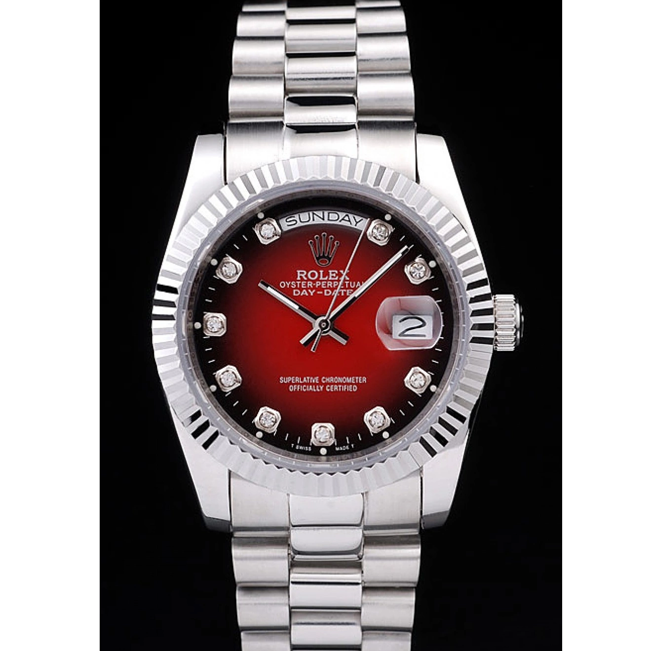 Aaa replica watch Steel Rolex Day-Date Tone Stainless Red Two Polished Dial 0724